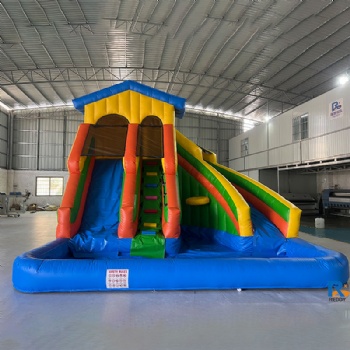 Colorful Dual-Slide Inflatable Pool     pool water slide    inflatable slide rainbow