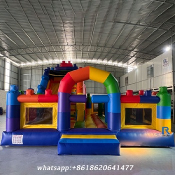 Brick-Themed Inflatable Castle Slide     fun inflatable combo     bounce house with slide