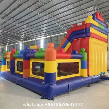 Brick-Themed Inflatable Castle Slide     fun inflatable combo     bounce house with slide