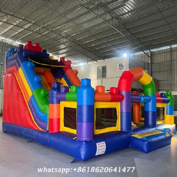 Brick-Themed Inflatable Castle Slide     fun inflatable combo     bounce house with slide